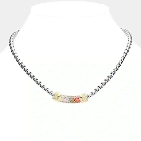 Multi Color CZ Stones Set in Rhodium Plated Necklace - Picture 1 of 2